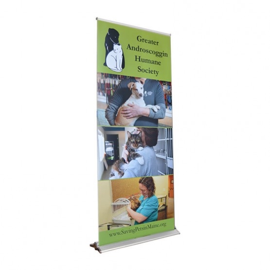 Rollup banner and stand with a 33"w x 80"h viewable area and full color digital print.