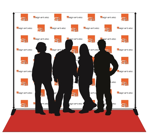 Backdrop with digital print on wrinkle-free, low-glare vinyl. Includes stand and red carpet.
