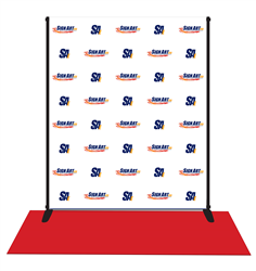 Red carpet background made of low-glare vinyl with aluminum stand and 3x8 red carpet included.